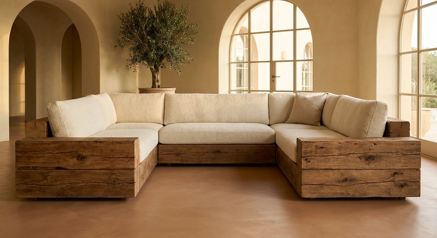 The Zola — massive reclaimed oak frame, cream boucle cushions The Zola — massive reclaimed oak frame, cream boucle cushions